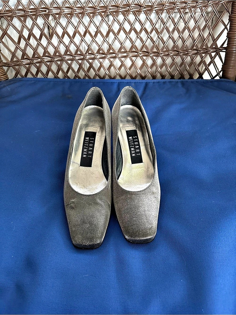 Stuart Weitzman Vintage Square Toe Heels in Metallic Silver US 5 B